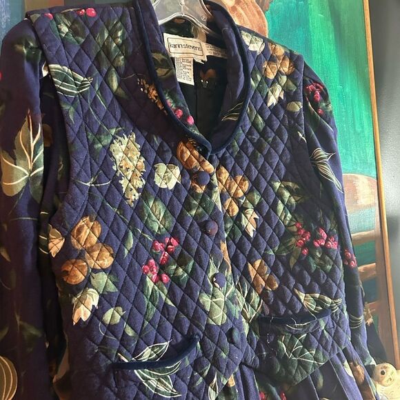 Vintage 90s Karin Stevens Blue Floral Quilted Jacket Dress Size 11/12 - Picture 12 of 16